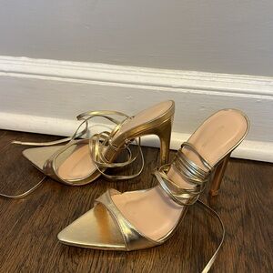 Gold PU Point Toe Lace Up High Heeled Sandals
